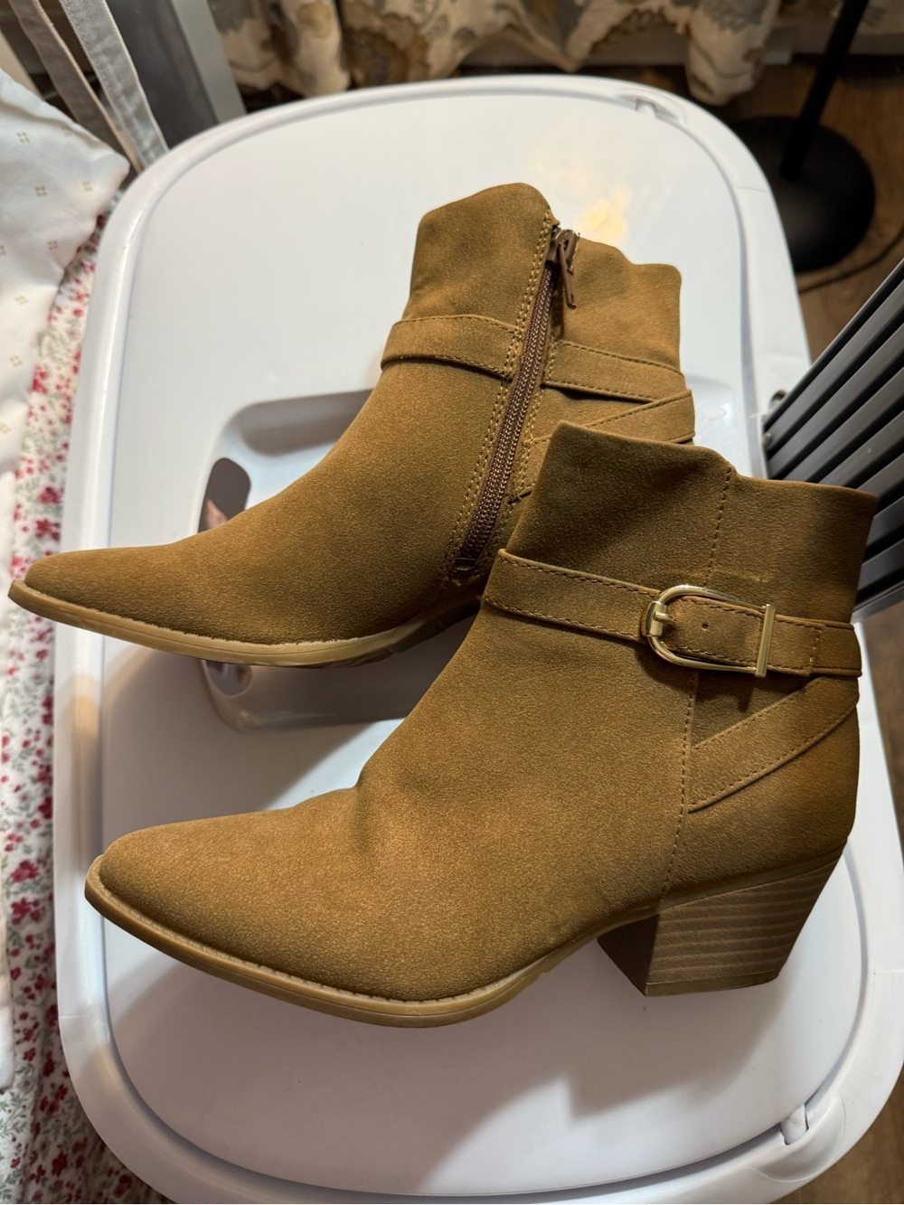 Women's Tan Suede Ankle Boots with Buckle